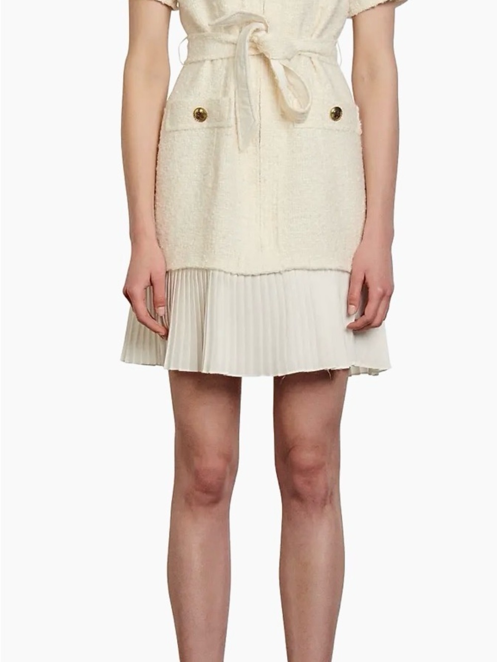 Sandro Ivory Tweed Belted Short-Sleeve Dress with Gold Buttons - Picture 3 of 3